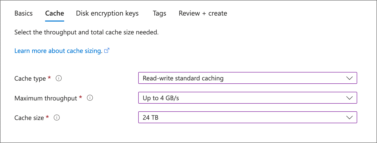 Captura de pantalla de la pestaña caché en el Asistente para creación de Azure Portal. Hay controles para seleccionar el tipo de caché, el rendimiento máximo y el tamaño de caché.