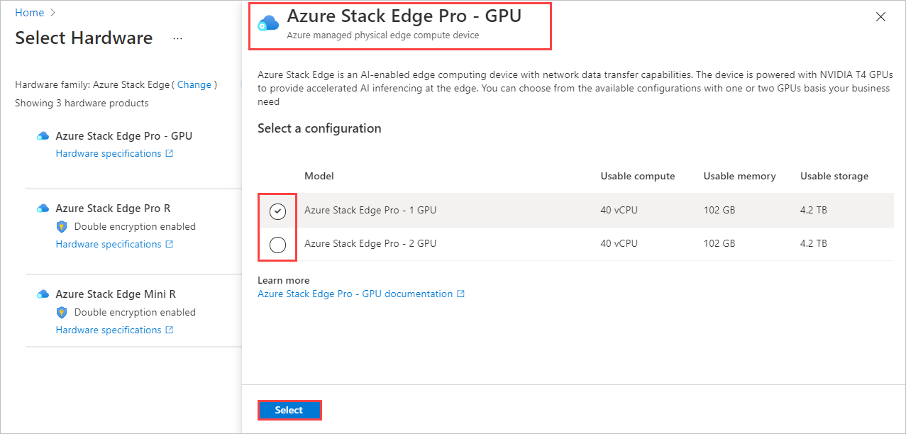 Captura de pantalla para seleccionar una configuración de hardware para un producto de hardware en un pedido de Azure Edge Hardware Center. Se resaltan las opciones de producto y configuración de hardware.