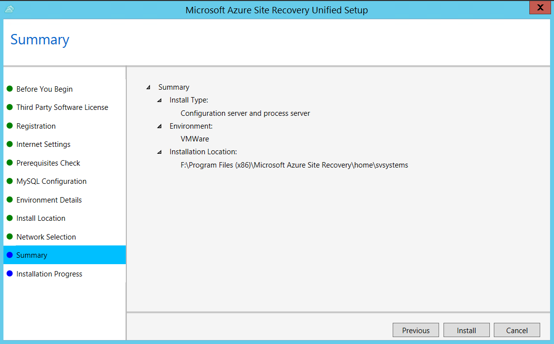 Captura de la pantalla Summary (Resumen) de Instalación unificada.