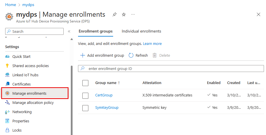 Captura de pantalla que muestra la página Administrar inscripciones en Azure Portal.