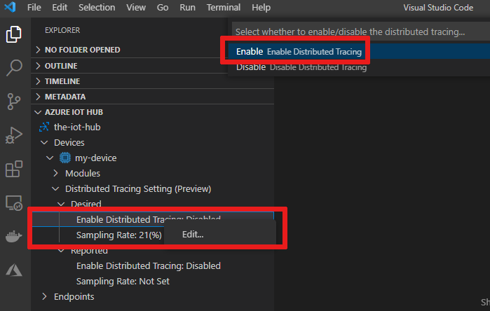 Captura de pantalla que muestra cómo habilitar el seguimiento distribuido en la extensión de Azure IoT Hub.