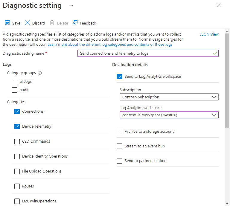 Captura de pantalla que muestra la configuración de registro de diagnóstico final.