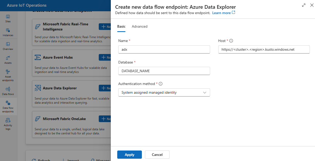 Captura de pantalla que usa la experiencia de operaciones para crear punto de conexión de flujo de datos de Azure Data Explorer.