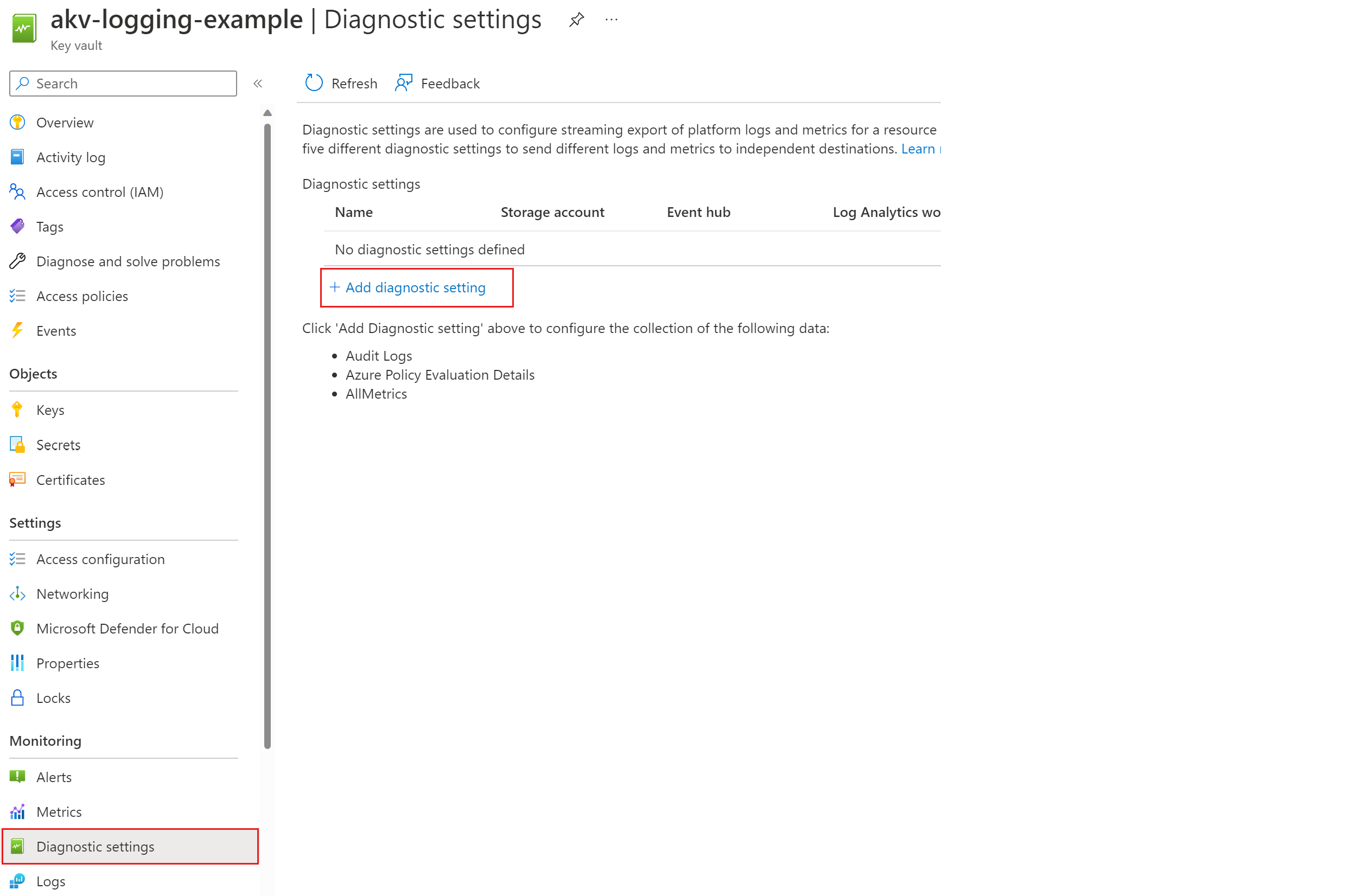 Captura de pantalla que muestra cómo seleccionar la configuración de diagnóstico.