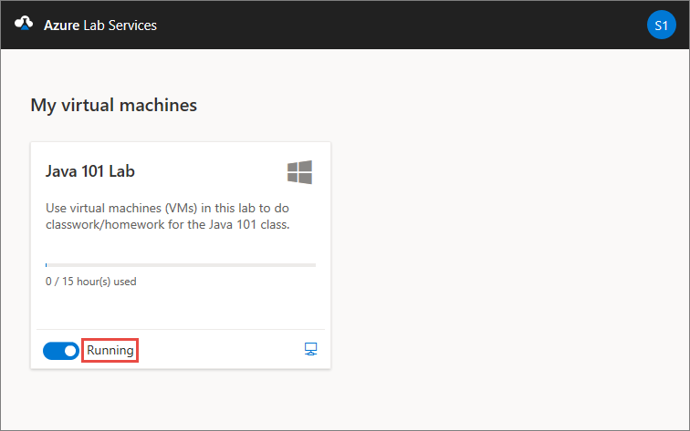 Captura de pantalla de la página Mis máquinas virtuales en el sitio web de Azure Lab Services, donde se resalta que la máquina virtual está en ejecución.