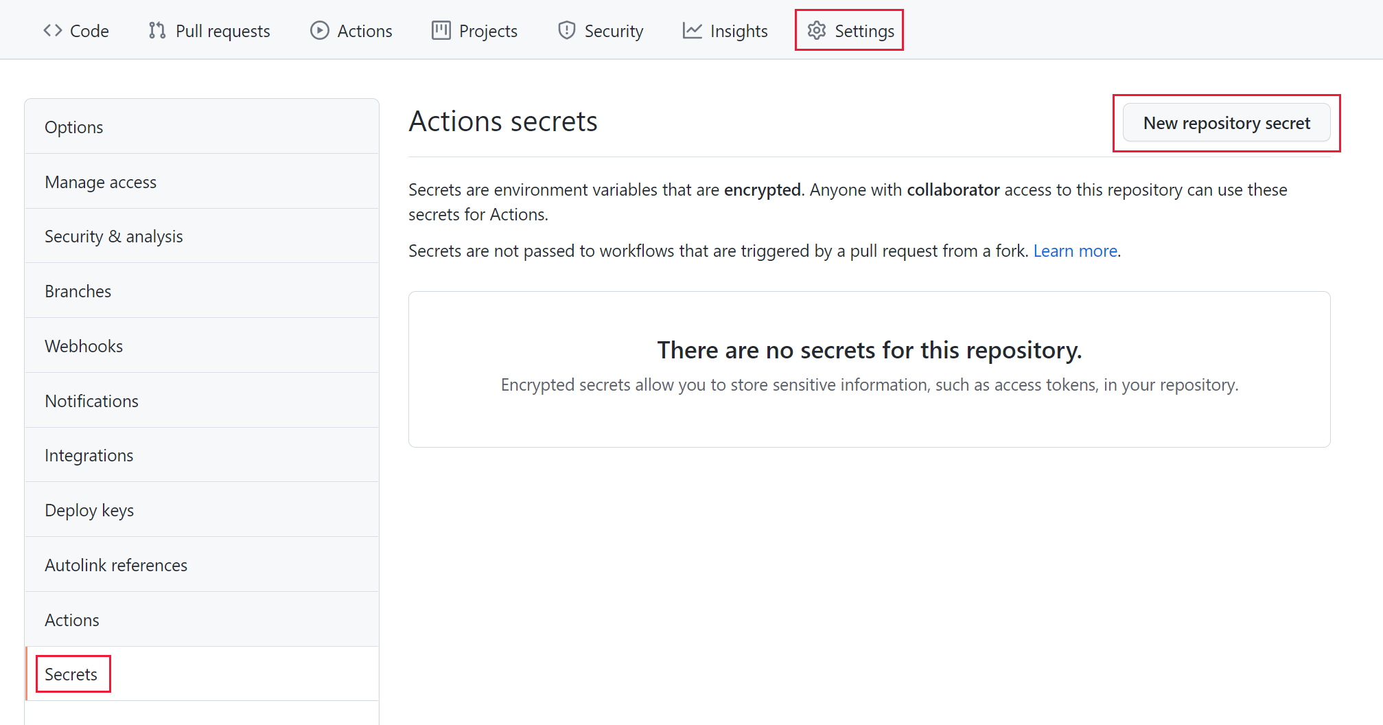 Captura de pantalla que muestra como agregar un secreto de repositorio de GitHub.