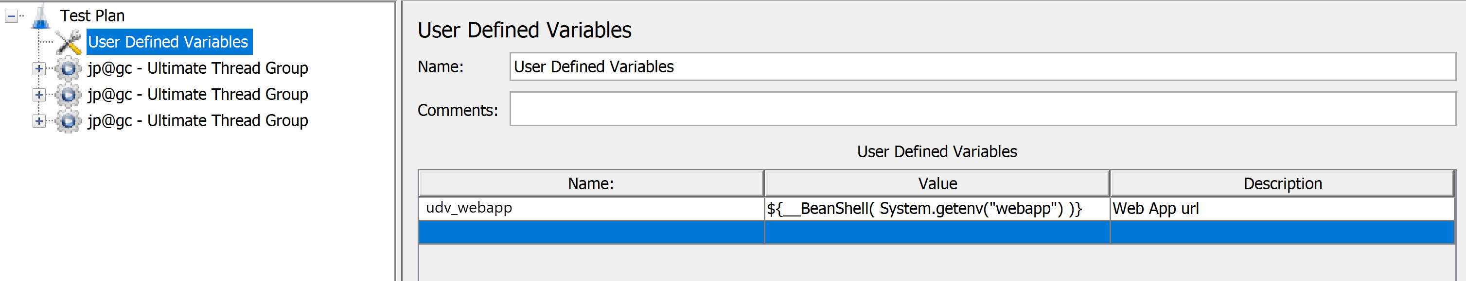 Captura de pantalla en la que se muestra cómo agregar variables definidas para variables de entorno a un script de Apache JMeter.