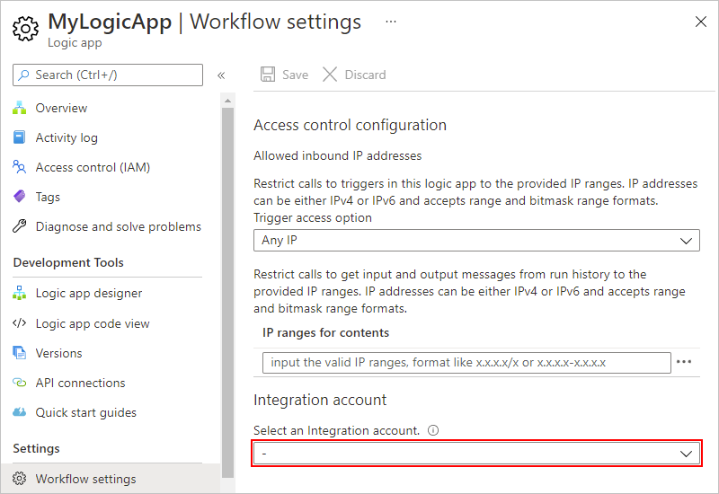 Captura de pantalla muestra Azure Portal, menú de aplicación lógica y las configuraciones del flujo de trabajo seleccionadas.