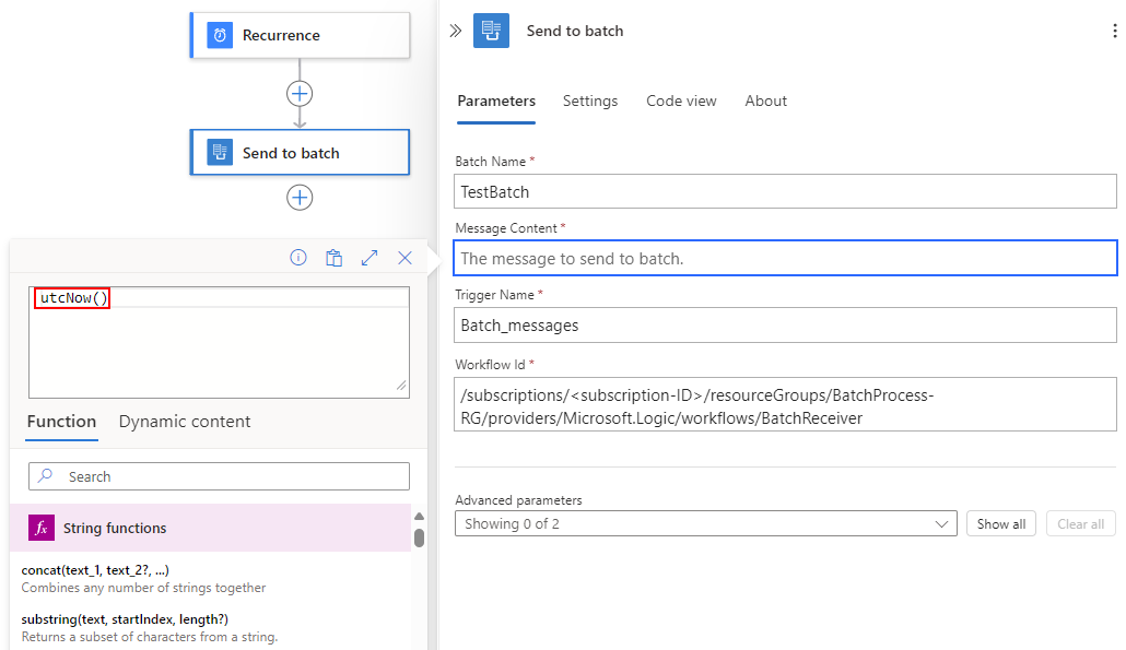 Captura de pantalla que muestra el flujo de trabajo Estándar, el panel de acciones del remitente por lotes, el cuadro Contenido del mensaje con cursor, el editor de expresiones con la función utcNow y otros detalles.