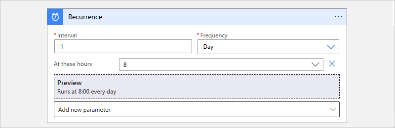 Captura de pantalla que muestra la configuración de los parámetros de Azure Portal, el flujo de trabajo de consumo y el desencadenador Periodicidad.