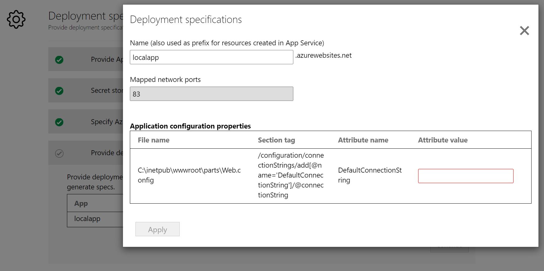 Captura de pantalla que muestra la configuración de la implementación.