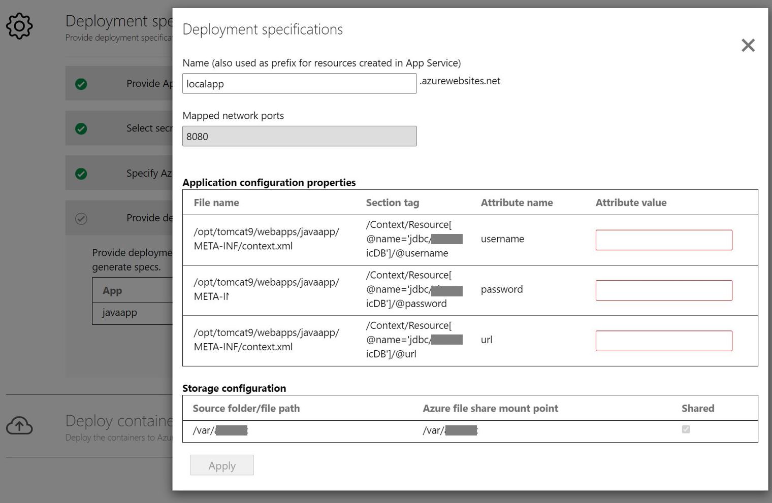 Captura de pantalla de la configuración de la implementación de la aplicación.