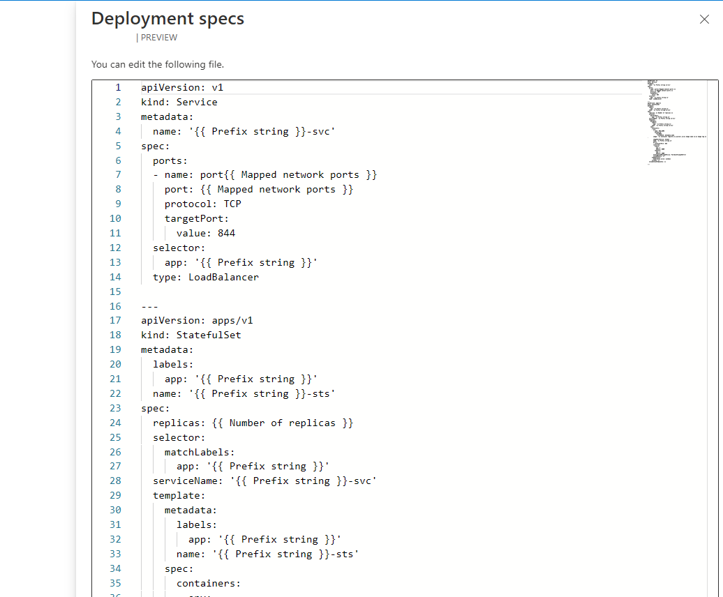 Captura de pantalla del editor de archivos de manifiesto de Kubernetes en la configuración de destino.