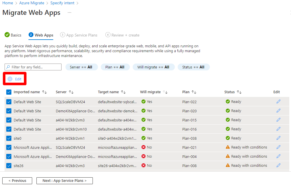 Screenshot of Azure Migrate selected web apps.