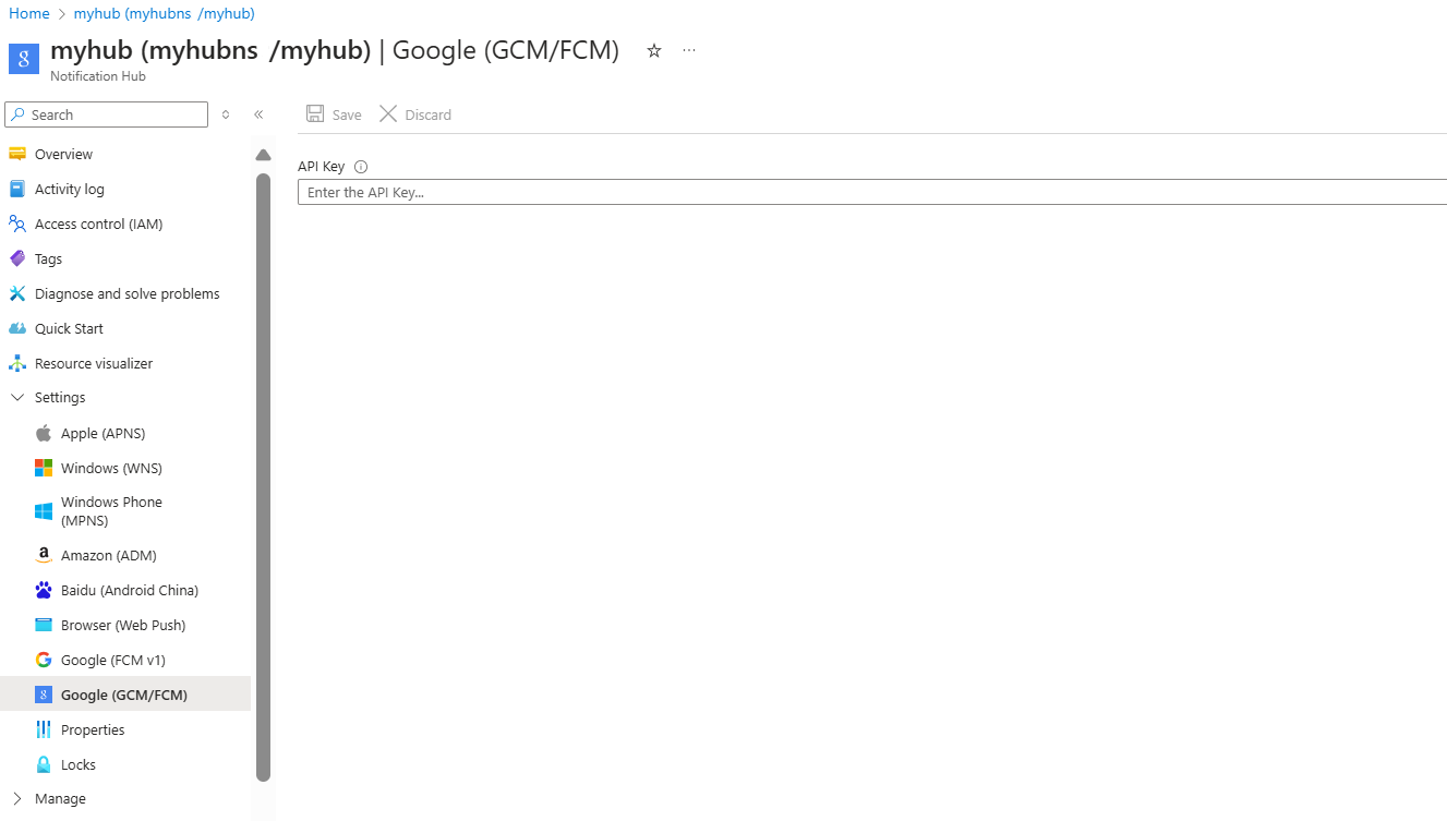 Captura de pantalla que muestra cómo configurar Notification Hubs para Google FCM.