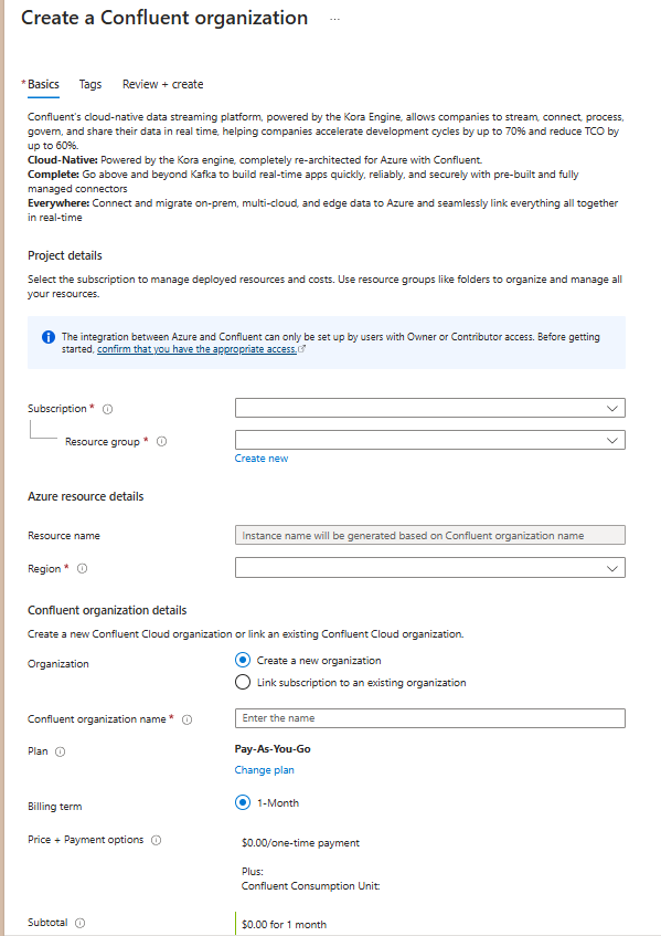 Recorte de pantalla de las opciones Crear una organización de Confluent dentro del panel de trabajo de Azure Portal con la pestaña Aspectos básicos mostrada.