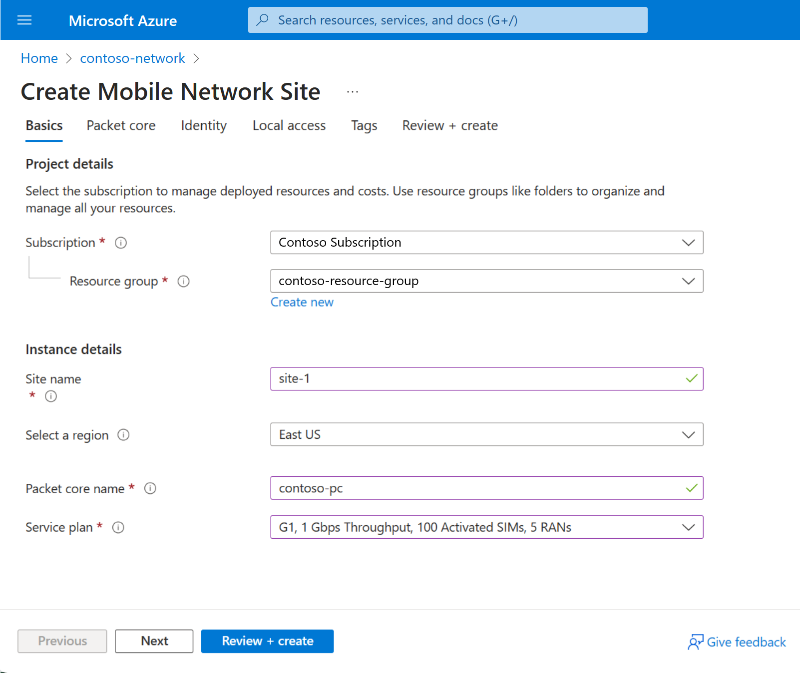 Captura de pantalla de Azure Portal que muestra la pestaña de configuración Aspectos básicos para el recurso de un sitio.