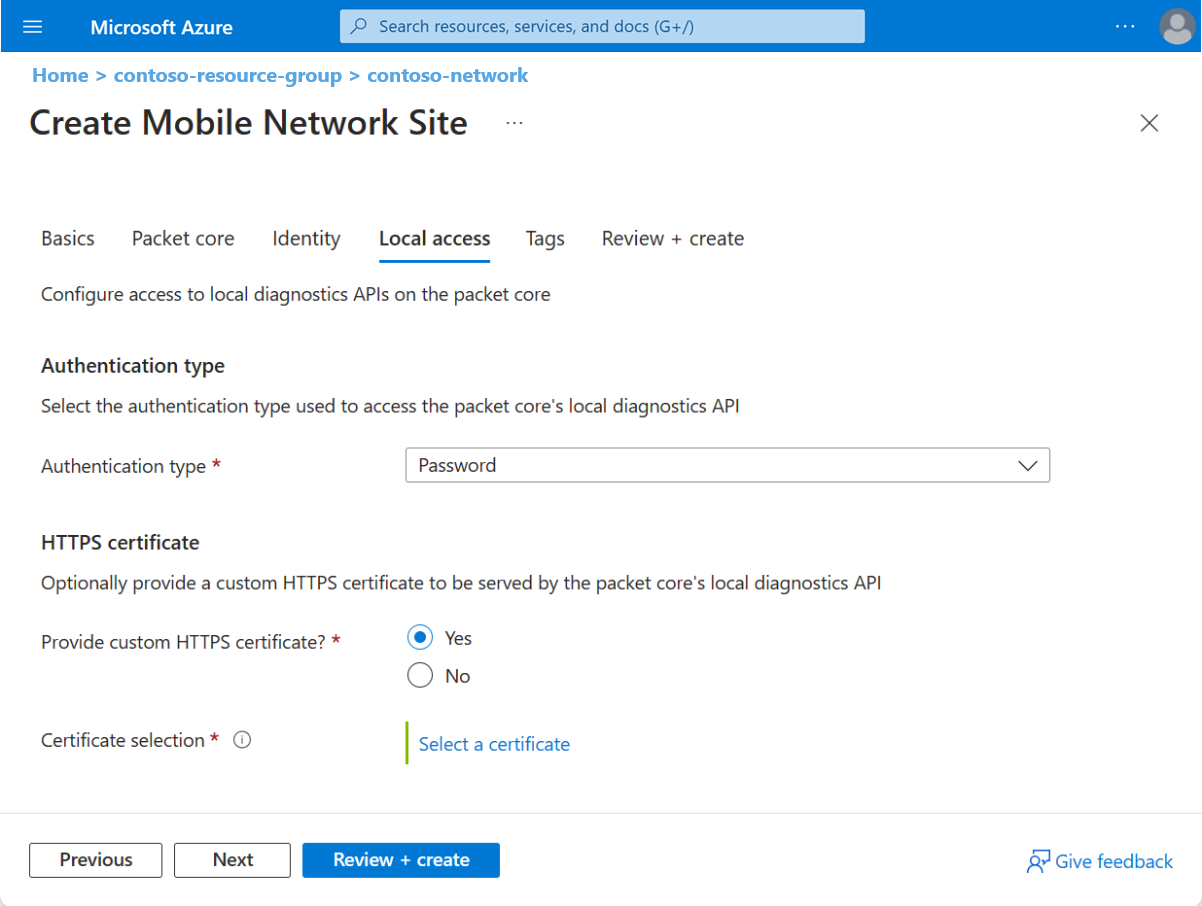 Captura de pantalla de Azure Portal con la pestaña de configuración Acceso local de un recurso de sitio