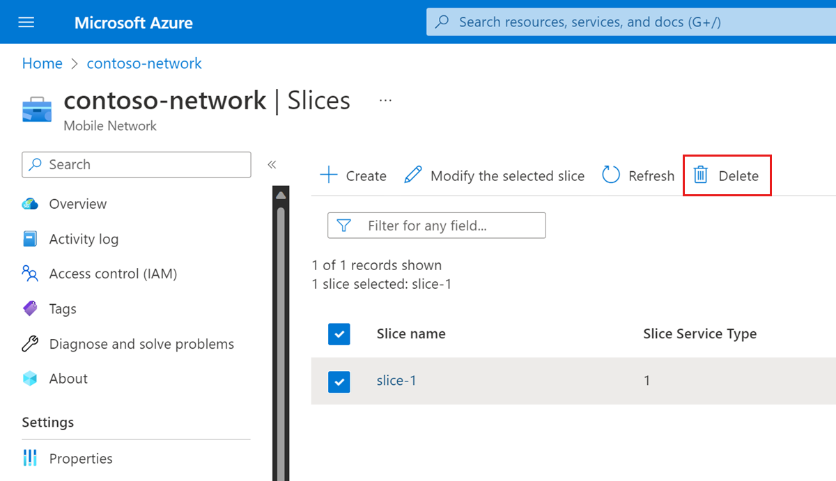 Screenshot of the Azure portal showing the Delete slice option.