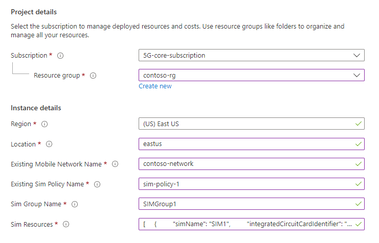 Captura de pantalla de Azure Portal en la que se muestran los campos de configuración de la plantilla de ARM de SIM.