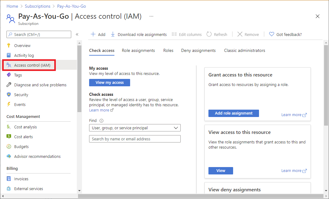 Página Control de acceso (IAM) para una suscripción