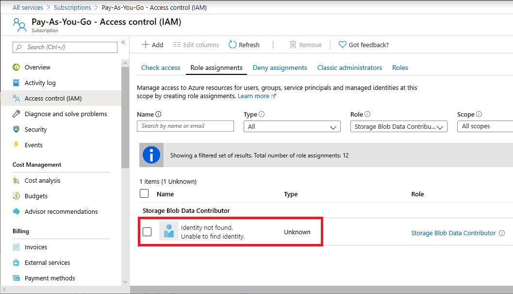 Identidad no encontrada en la lista de asignaciones de roles de Azure