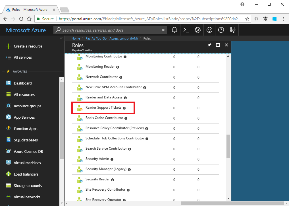 Captura de pantalla de un rol importado en Azure Portal