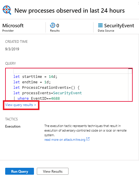 Captura de pantalla de la visualización de los resultados de la consulta de búsqueda de Microsoft Sentinel.