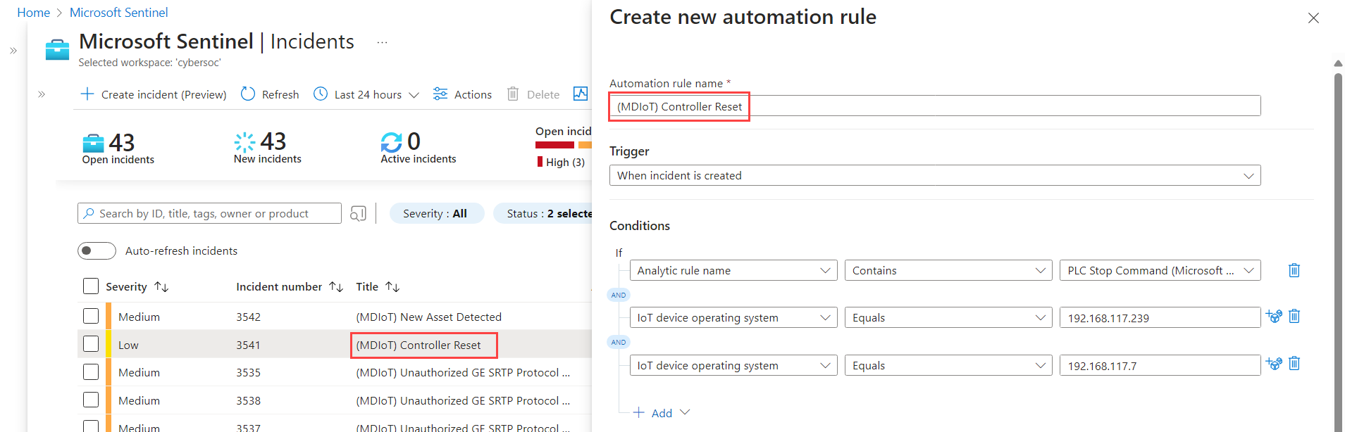 Captura de pantalla que muestra cómo crear una regla de automatización para un incidente en Microsoft Sentinel.