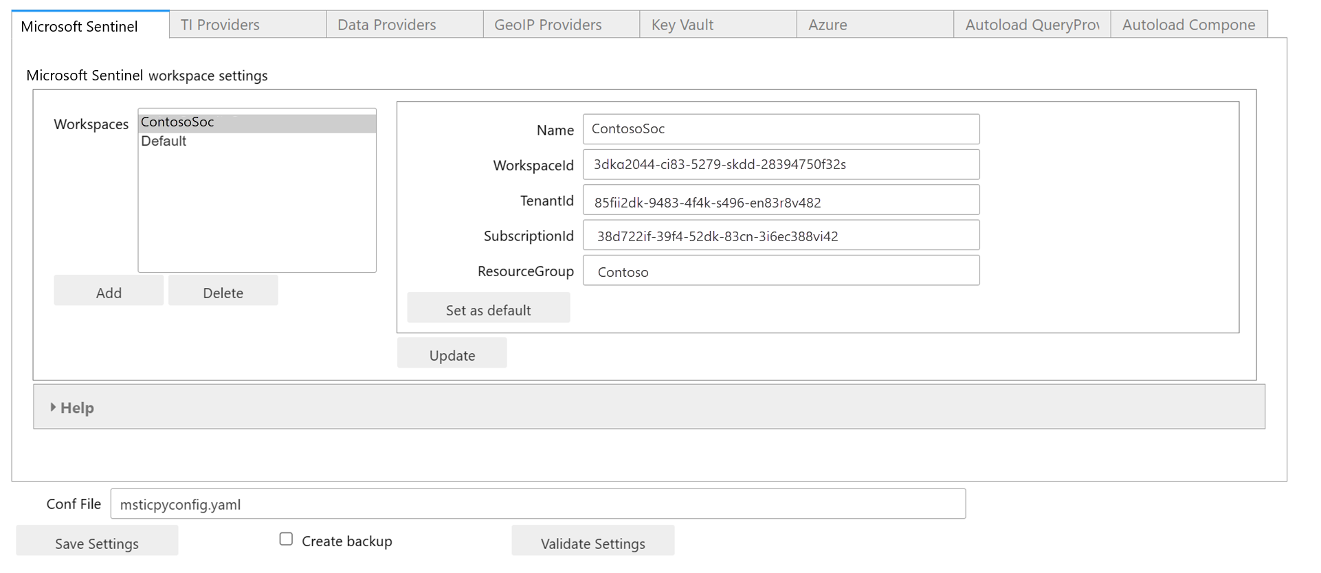 Captura de pantalla del editor de configuraciones de MSTICPy.