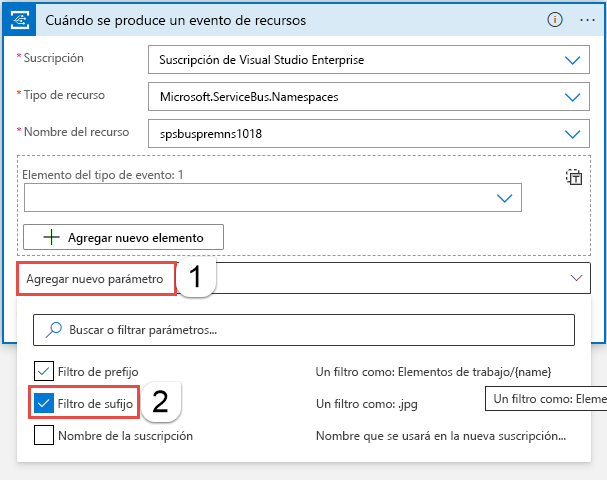 Captura de pantalla de la adición de un nuevo parámetro de tipo Filtro de sufijo.