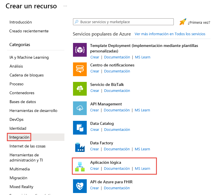 Captura de pantalla del menú Crear un recurso -> integración -> Aplicación lógica.