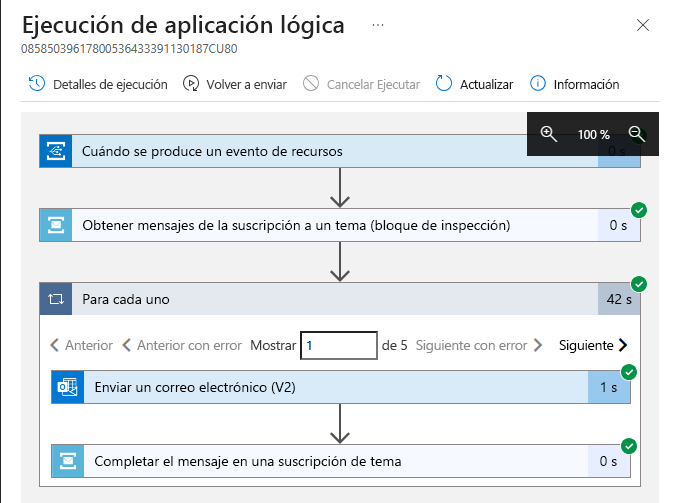 Captura de pantalla de los detalles de la ejecución de la aplicación lógica seleccionada.