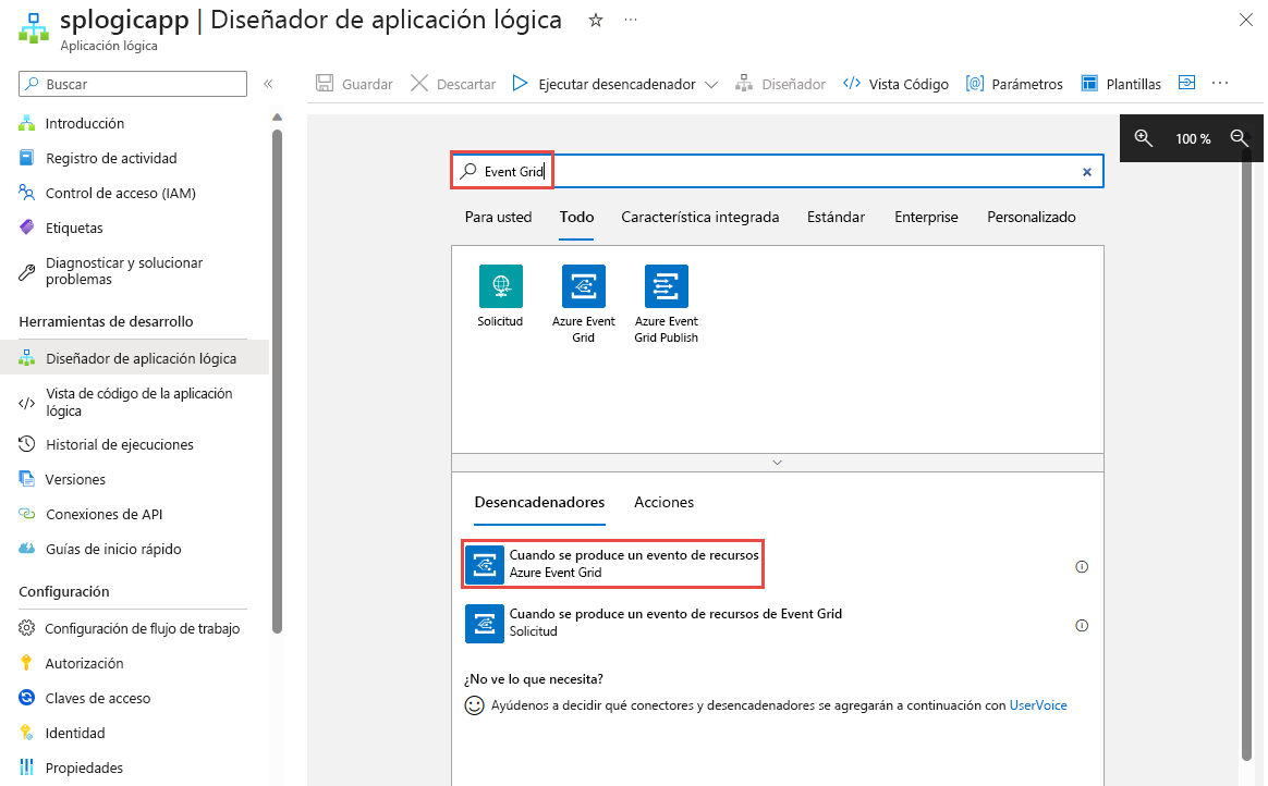 Captura de pantalla del Diseñador de aplicación lógica con el desencadenador de Event Grid seleccionado.