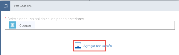 Captura de pantalla de la selección del botón Agregar una acción en el bucle For-each.