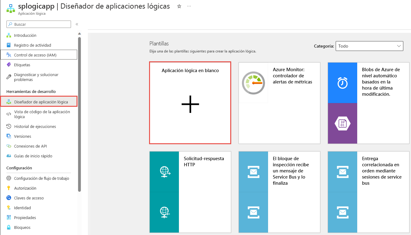 Captura de pantalla de la página Diseñador de aplicación lógica con la opción Aplicación lógica en blanco seleccionada.