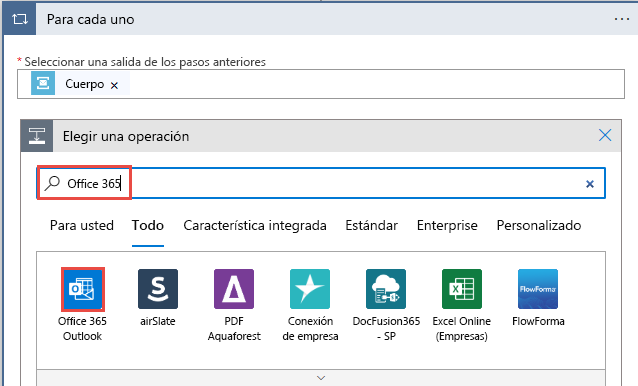 Captura de pantalla de la selección de Office 365.