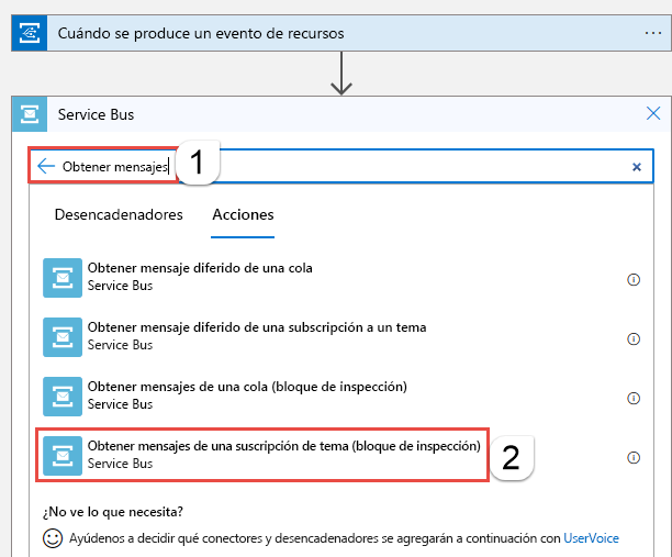 Captura de pantalla del Diseñador de aplicación lógica con la opción Obtener mensajes de una suscripción de tema seleccionada.