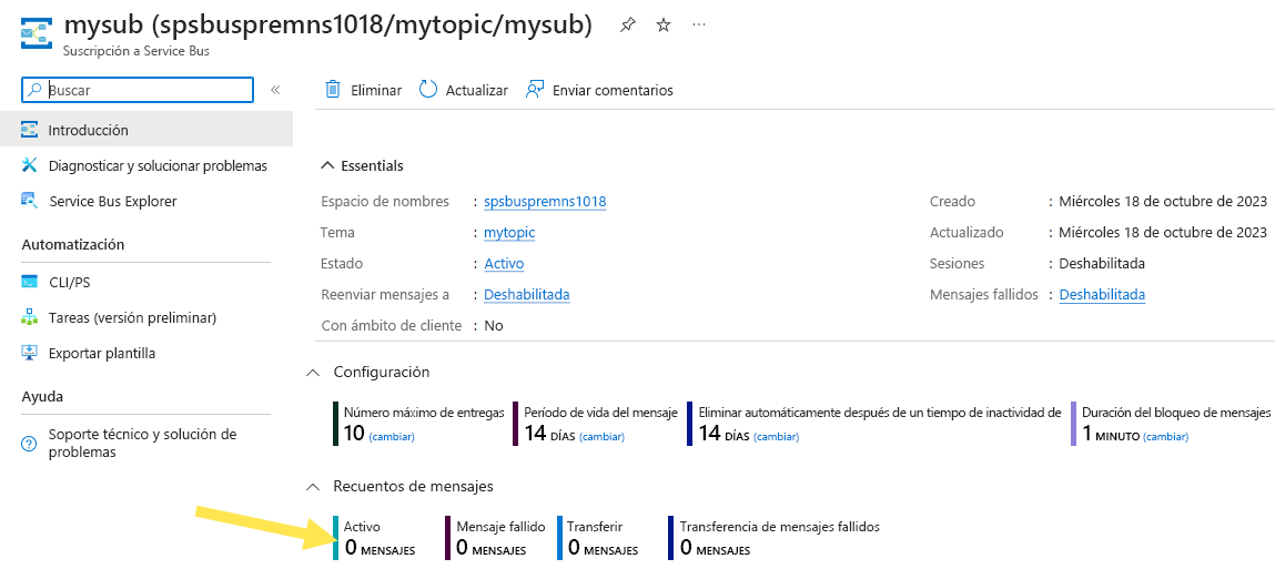 Captura de pantalla de la página Suscripción de Service Bus con el recuento de mensajes activos seleccionado.