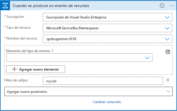 Captura de pantalla del Diseñador de aplicación lógica con la configuración de espacio de nombres de Service Bus.