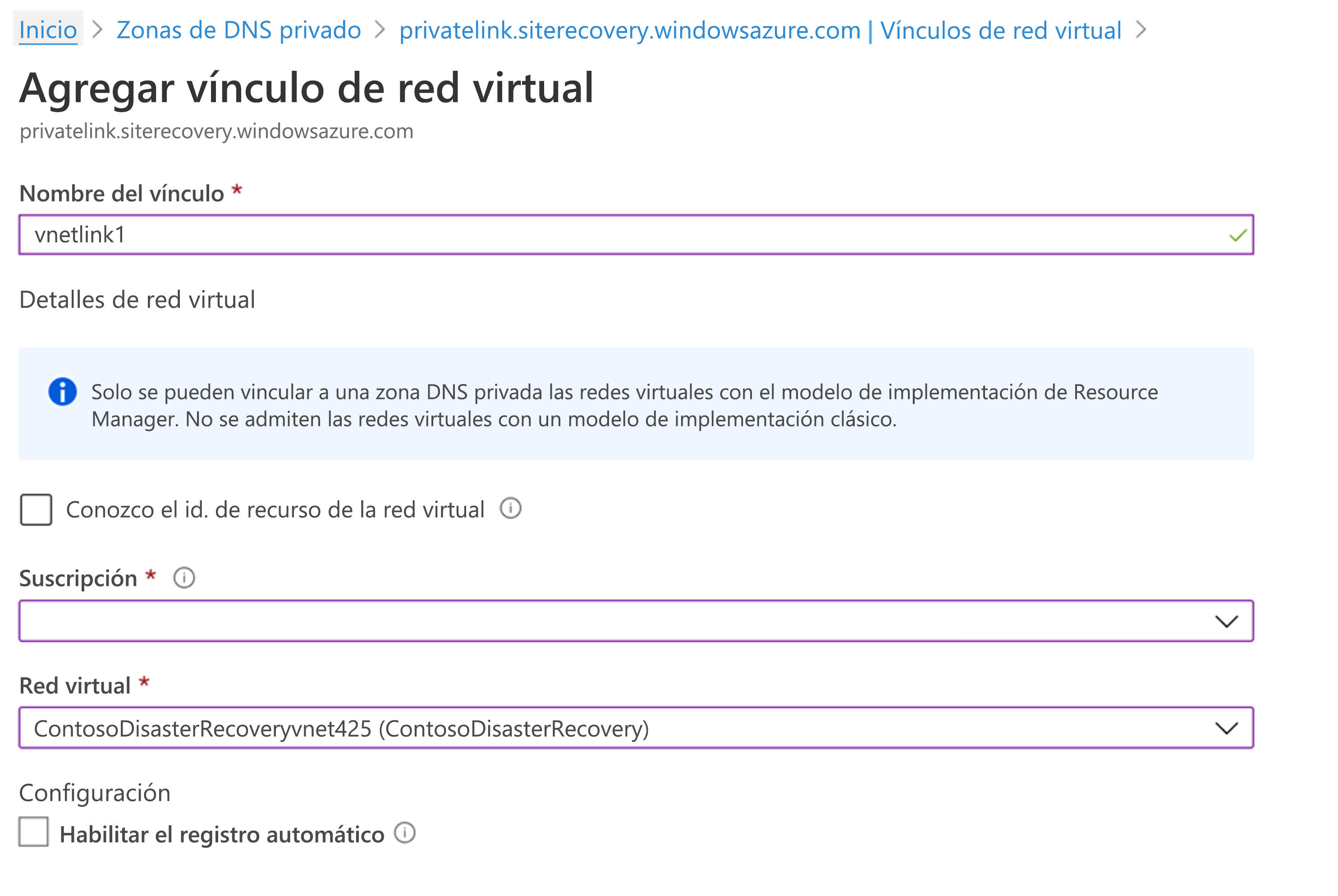 Captura de pantalla que muestra la página Agregar vínculo de red virtual.