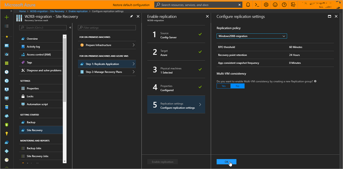 Captura de pantalla que muestra las opciones para habilitar la replicación.