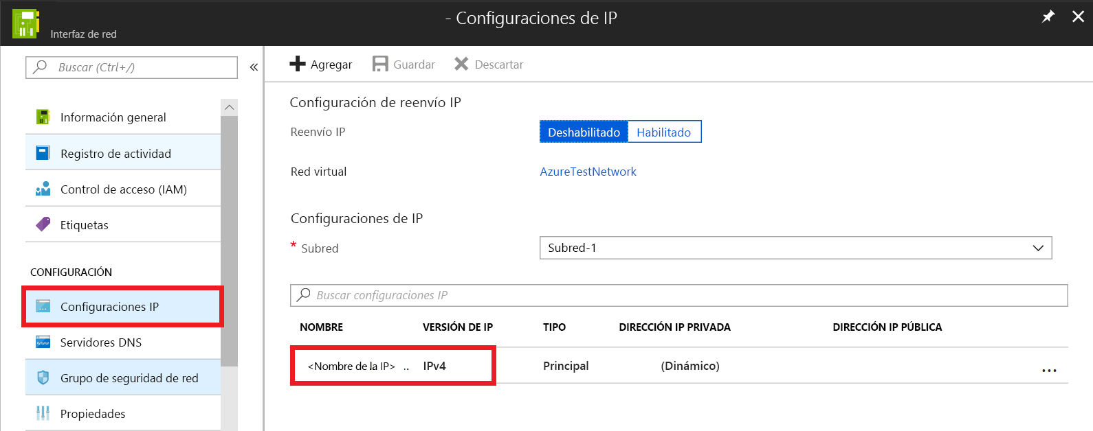 Captura de pantalla que muestra la página Configuraciones de IP de la interfaz de red con el nombre de la configuración de la IP seleccionado.