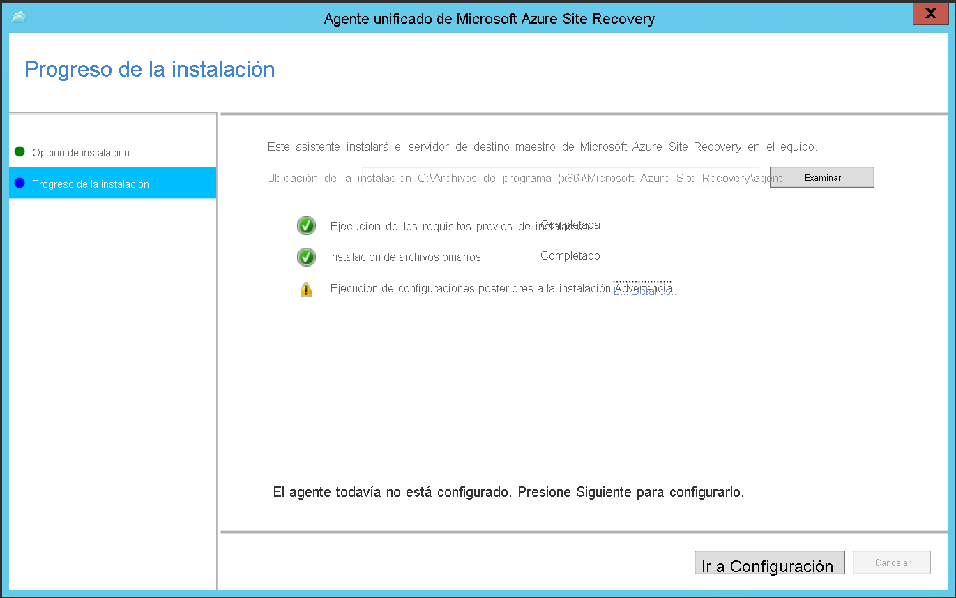 Captura de pantalla que muestra el botón Continuar con la configuración