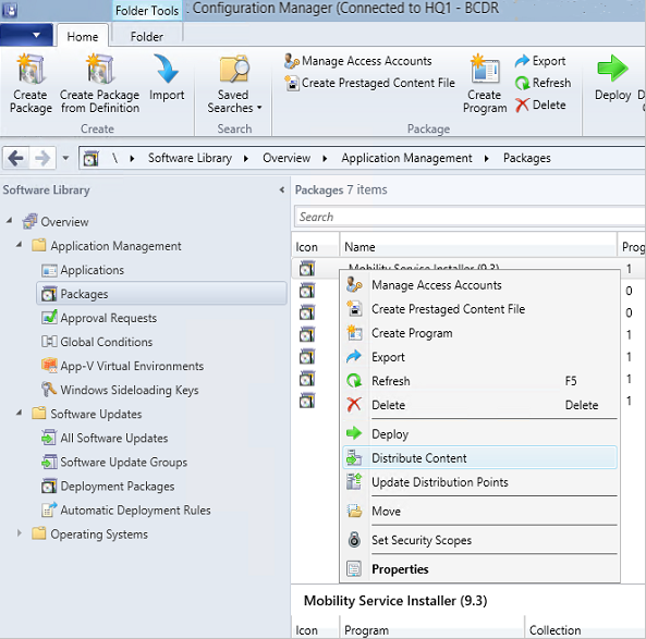 Captura de pantalla de la consola de Configuration Manager