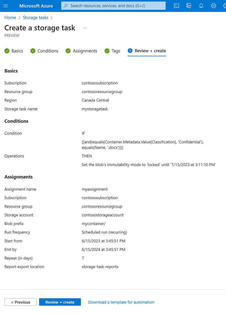 Captura de pantalla de la pestaña Revisar y crear de la experiencia de creación de la tarea de almacenamiento.