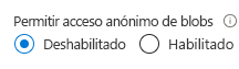 Captura de pantalla que muestra cómo permitir o denegar el acceso anónimo para la cuenta