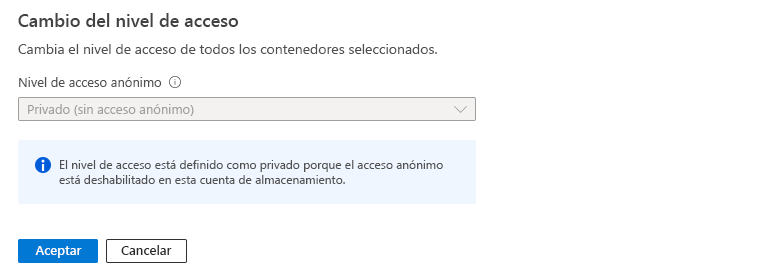 Captura de pantalla que muestra que la configuración del nivel de acceso anónimo de un contenedor está bloqueada cuando no se permite el acceso anónimo para la cuenta