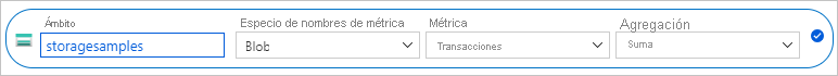 Captura de pantalla que muestra cómo configurar la métrica para sumar transacciones de blobs