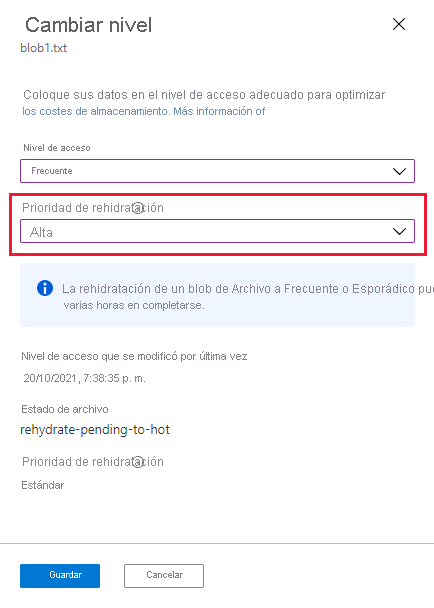 Screenshot showing how to update the rehydration priority for a rehydrating blob in Azure portal.